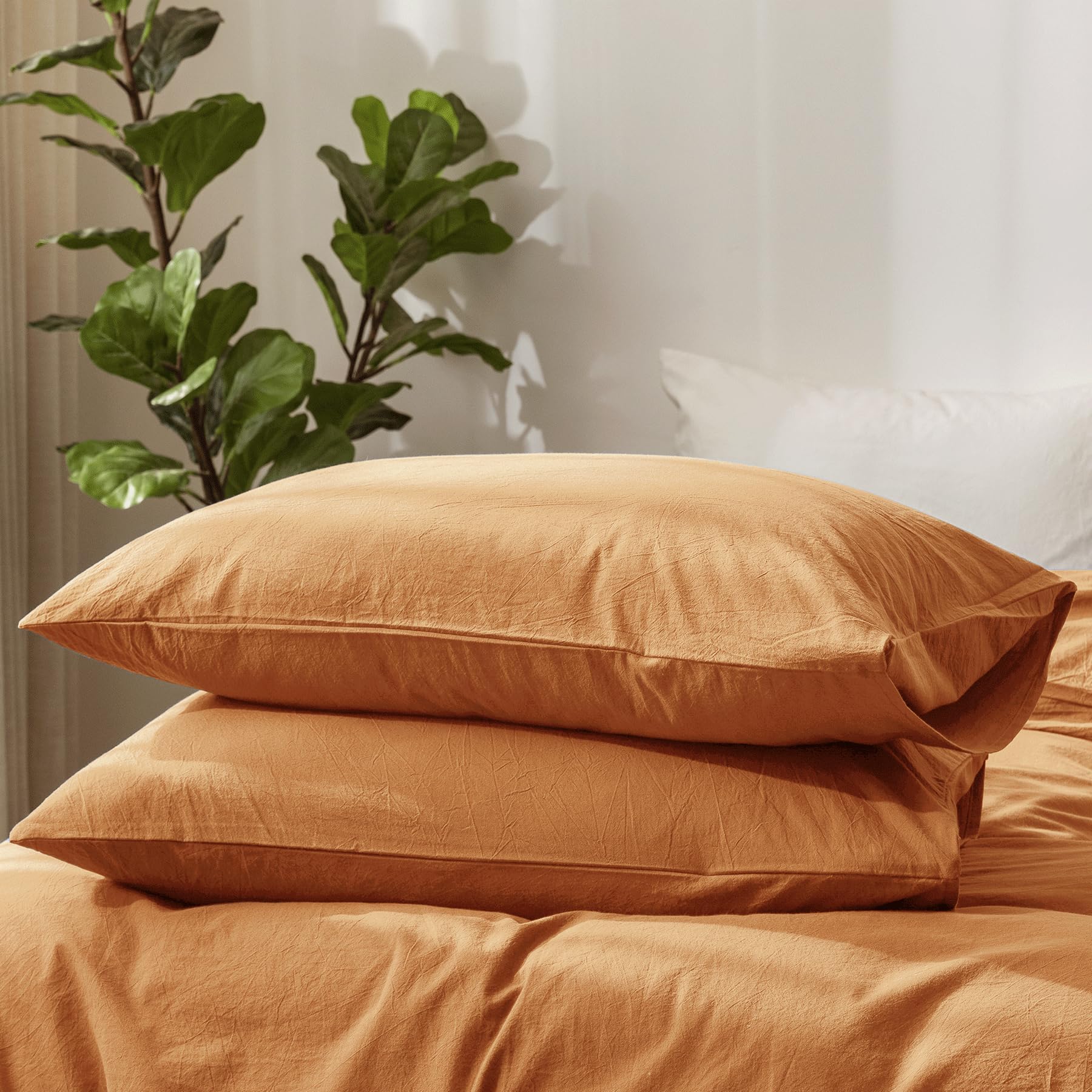 Photo 1 of MooMee Bedding Pillowcases Pack of 2 100% Washed Cotton Linen Like Textured Breathable Durable Soft Comfy (Solid Burnt Orange, Standard)