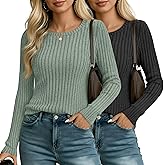 Ficerd 2 Pack Women's Long Sleeve Sweaters Ribbed Knit Fitted Sweater Lightweight Fall Tunic Tops Crew Neck Loose Shirts