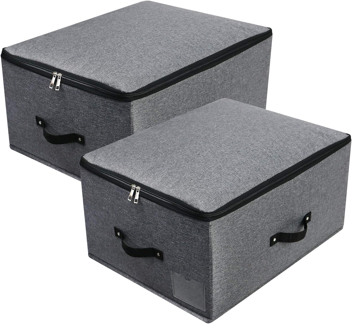 Omygarden Foldable Lidded Storage Bin with Divider Board, 4 Handles, Zipper lid, Blankets Clothes Quilts Storage Box Organizer for Bedroom Closet Shelf, 52×40×26cm, Black Grey, 2PCS