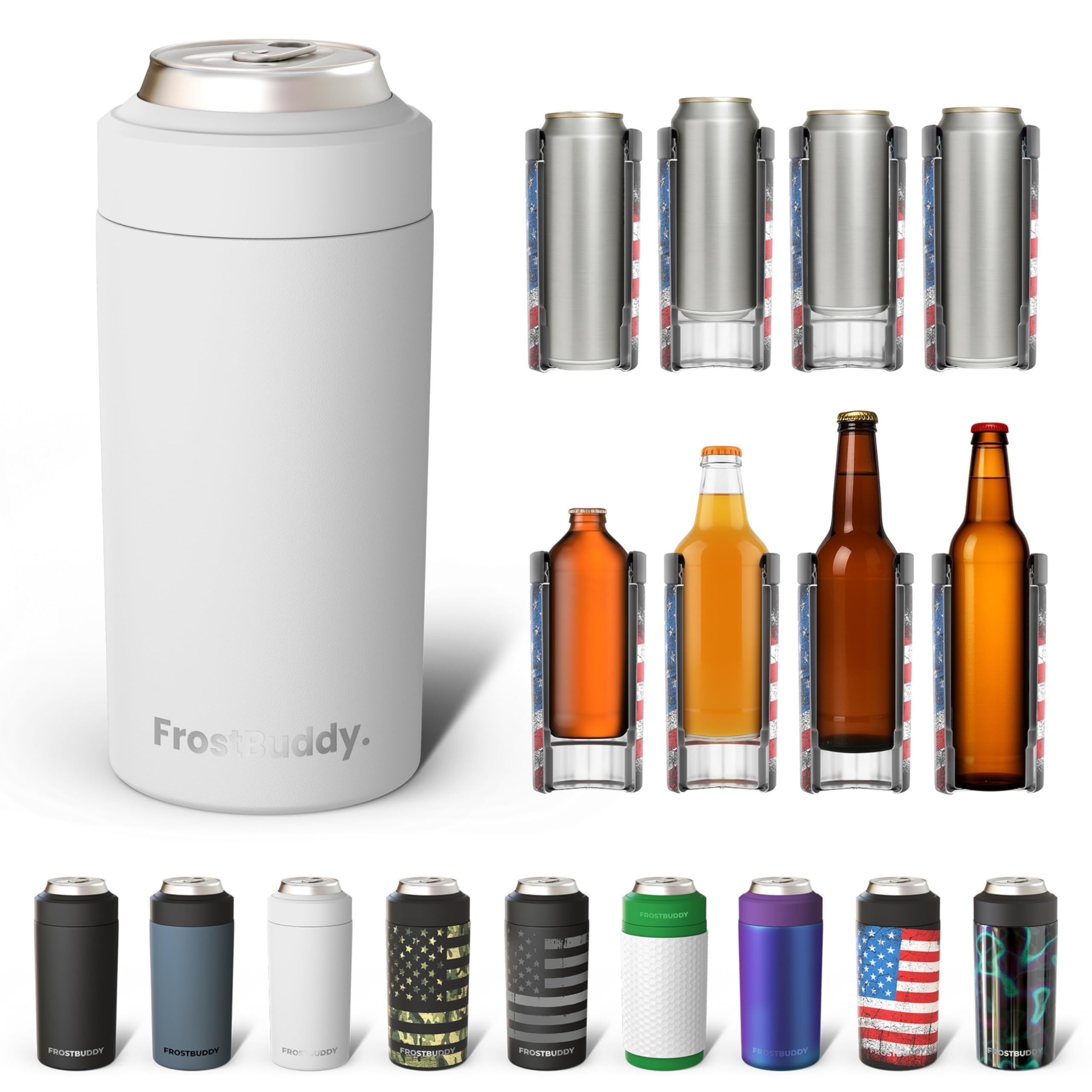 Photo 1 of Frost Buddy Universal Buddy Can Cooler - Fits All - For Regular 12 & 16 oz or Slim-Size Bottles - Insulated Double -Walled Stainless Steel (All white)