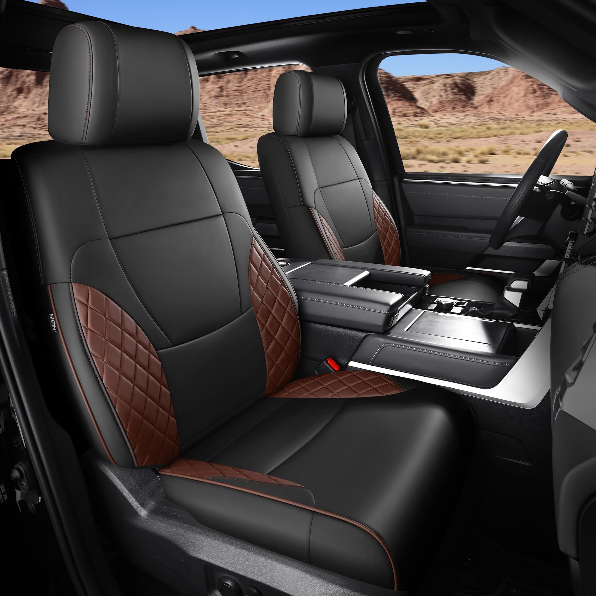 Photo 1 of FEINEPRO for Toyota Tundra Seat Covers 2022 2023 2024 2025 2026 Custom Fit Full Set, Waterproof & Durable Leather Seat Covers for Car - Black/Brown (for SR/SR5 Only, NO Rear Armrests)