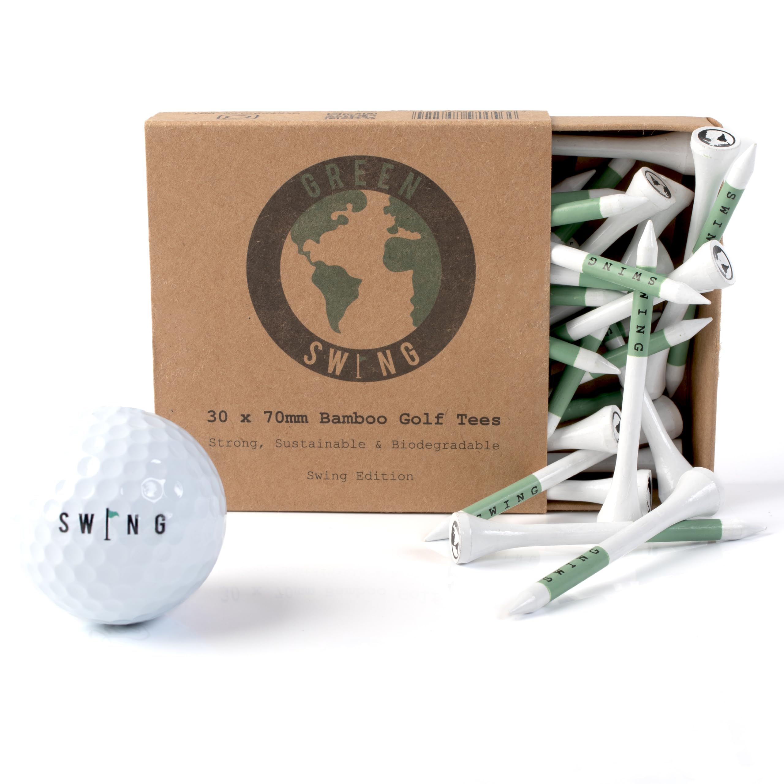 Green Swing 70mm White & Green Bamboo Golf Tees 30pcs 50pcs or 100pcs | Get The Perfect Height Everytime | Fully Recyclable Slide Box Packaging (30pcs)