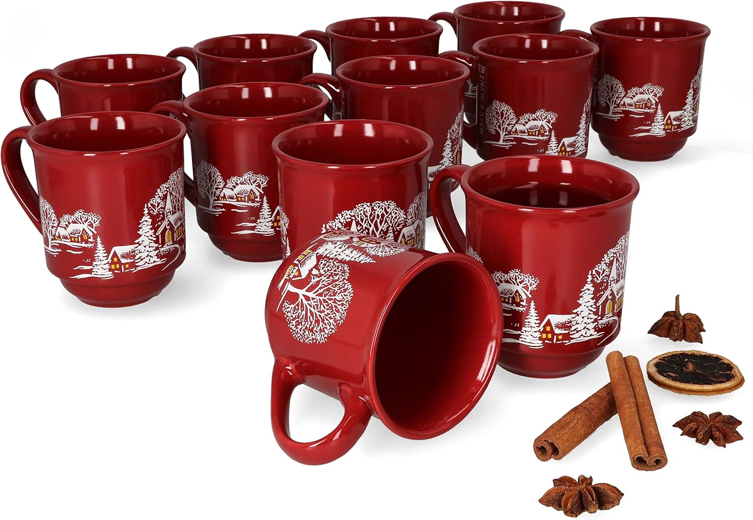 MamboCat 12er Set Glühweinbecher 0,2L rot Weihnachtslandschaft | Klassische Porzellan Glühweintassen | geeicht | ideal für den Weihnachtsmarkt - den Profi & Gastronomiebedarf