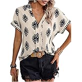 Milumia Women's Boho Graphic Print Short Sleeve Blouses V Neck Dressy Casual Work Shirts