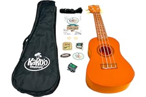KaKo'o Music Sunrise Orange Award Winning Soprano Ukulele - Metal Geared Tuners and Premium Nylon Strings - Guide Book Learn Easy Chords - Carrying Case & Ukulele Playing Strap (Sunrise Orange)