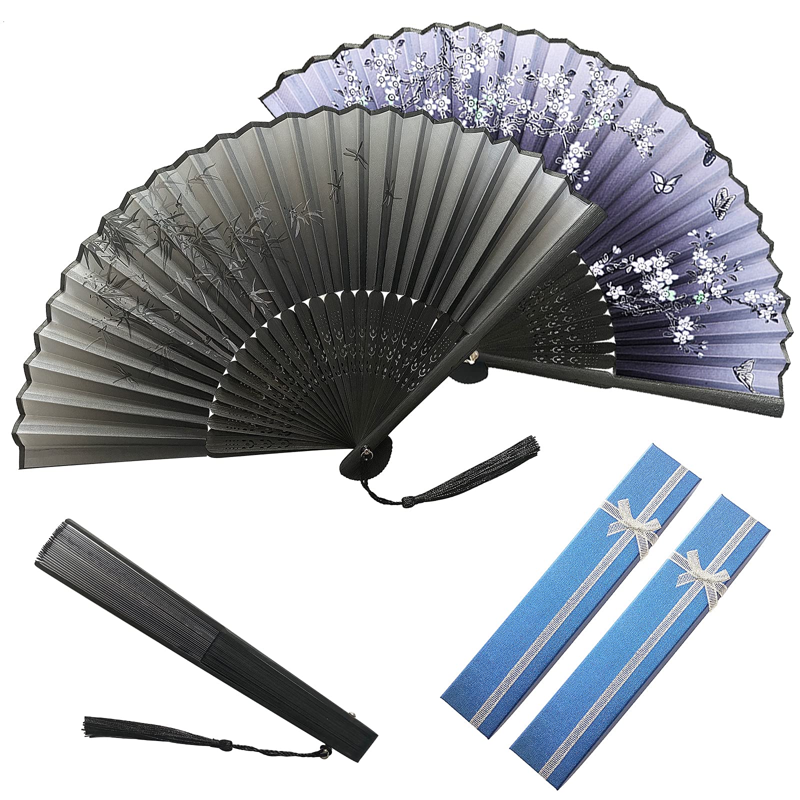 AOT 2 Pcs Folding Fans, Silk Handheld Folding Fan, Plum Blossom Hand Fan and Bamboo Pattern Fan with Tassel, Chinese Oriental Style Fans with Packing Box for Valentine's Day Wedding Party Decoration