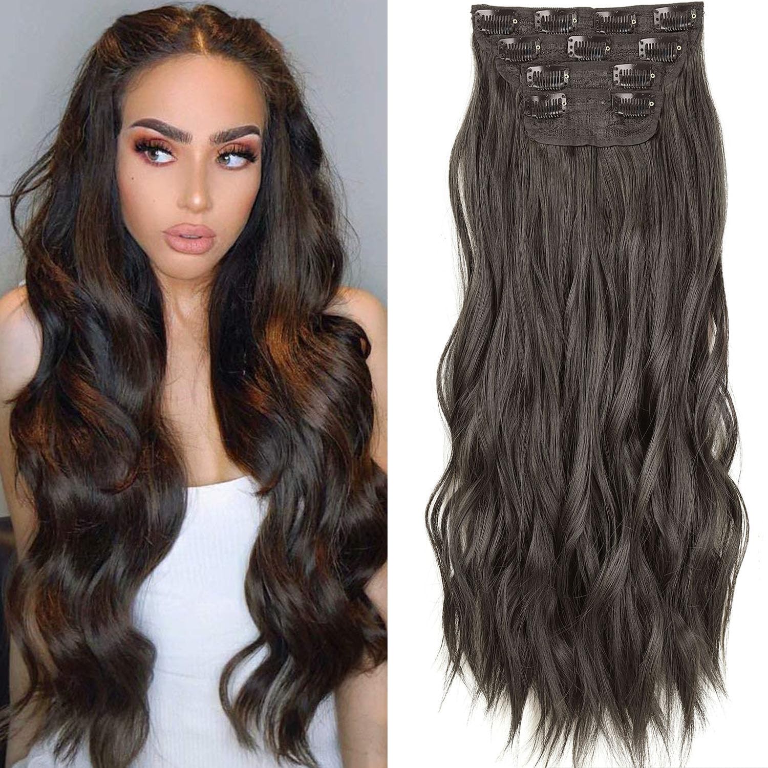 Mscat 24 Inch Wavy Clip in Hair Extensions - Dark Brown, Thick Curly Synthetic Hair Pieces for Women & Girls (4PCS Full Head Set) — image 1