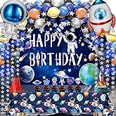 96pcs Outer Space Astronaut Party Decorations - Galaxy Themed Party Supplies ：Happy Birthday Backdrop, Tablecloth, Star Garland,Multi-color Balloons and Rocket ，astronaut Balloons.