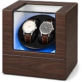 Double Watch Winder for Automatic Watches, 5 Modes, Quiet Japanese Motor | 2 Watches, Walnut Finish, Under 5 dB, Separate Controls, Blue LED, Adjustable Pillow, Anti-Magnetic, Clear Window