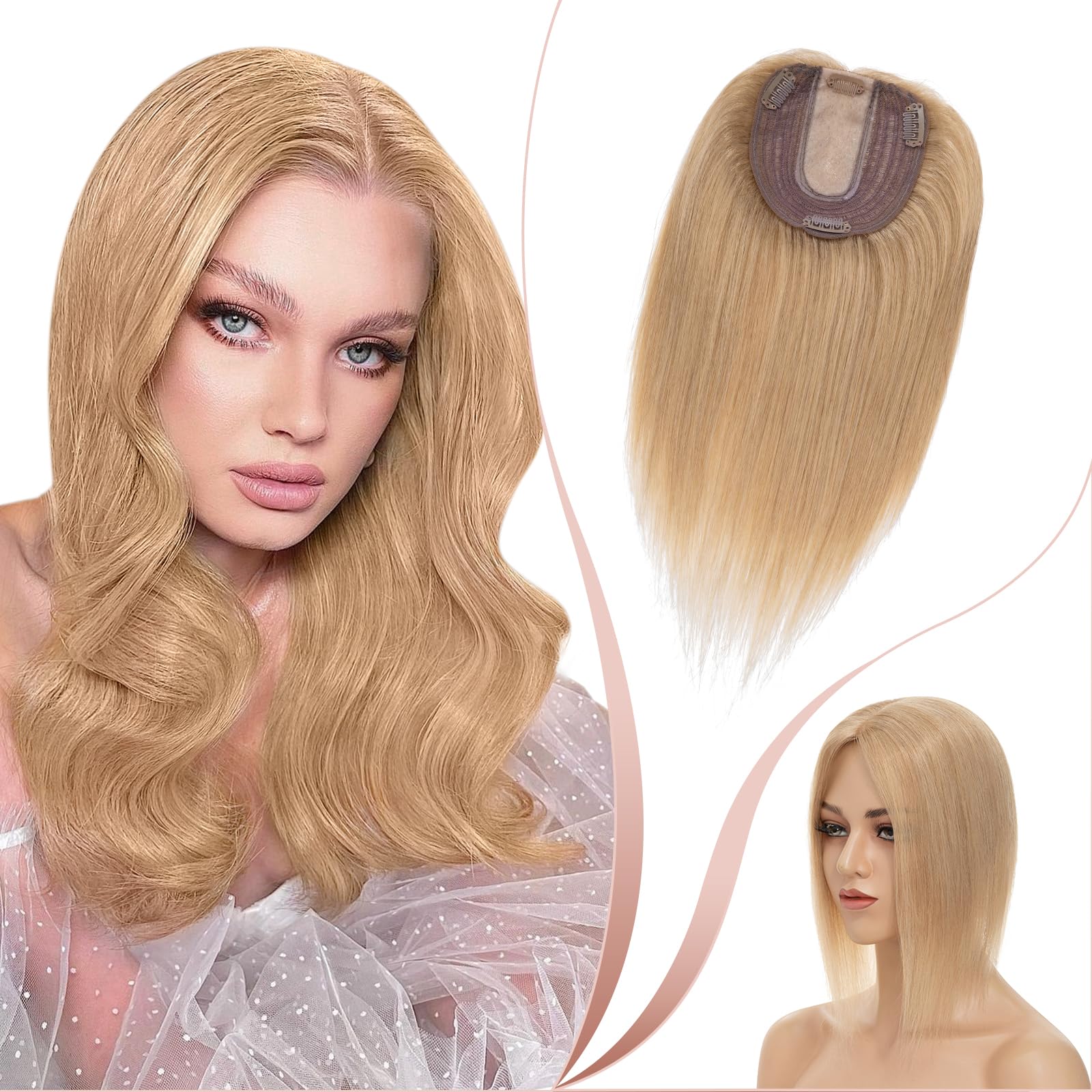 Elailite Hair Topper for Women Thinning Hair - 100% Real Hair Extensions Clip in Toupee MIDDLE SILK BASE (2.5 * 9cm) Crown Hair Piece (#27 Dark Blonde, 6 Inch)