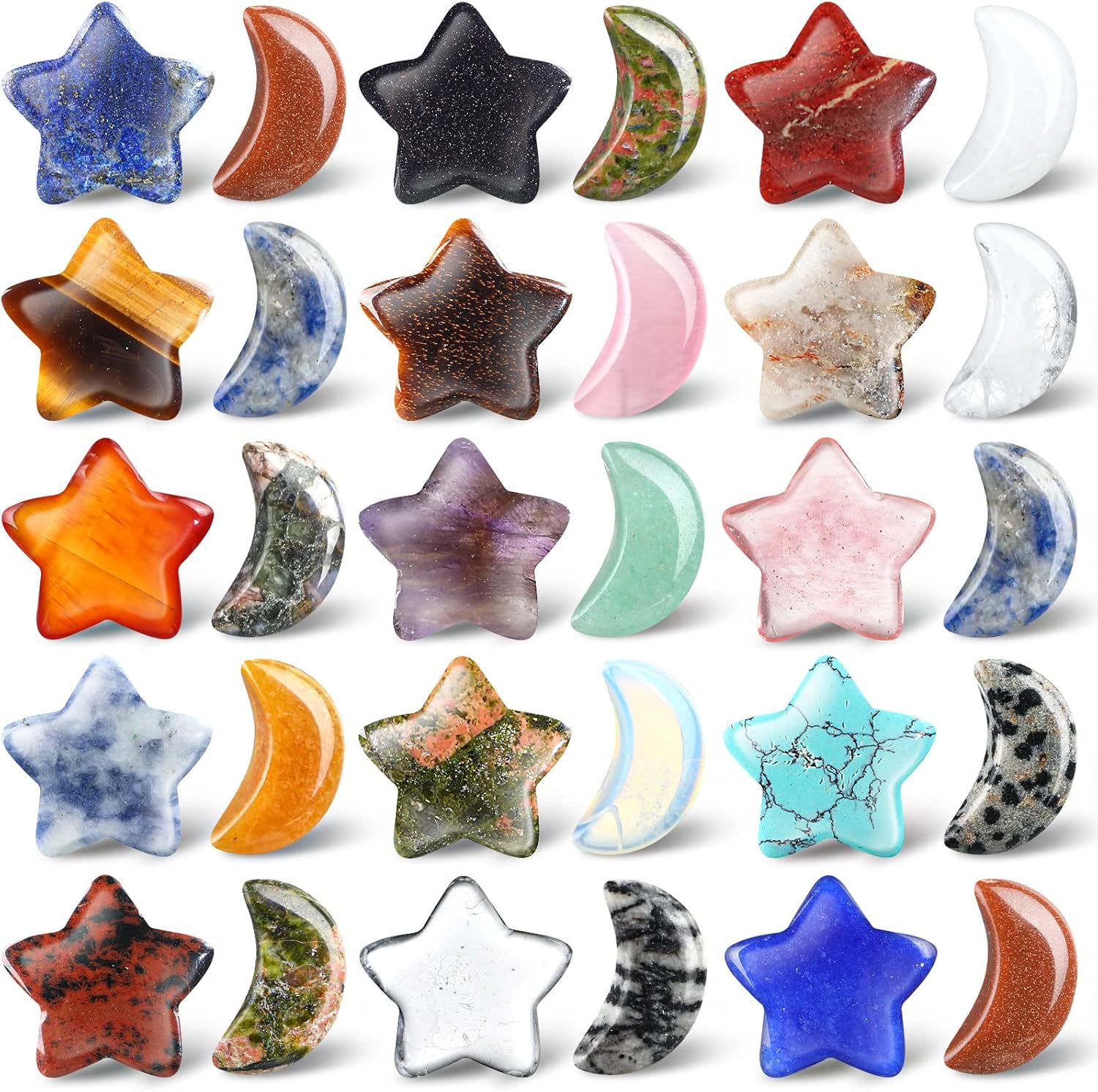 Indoor Fountains & Accessories - 30 Pieces Worry Stones Bulks Moon Star Shaped Crystals Gemstone Star Worry Stones Bulks Palm Moon Hand Carved Thumb Stones for Witchcraft Supplies DIY Meditation Balancing