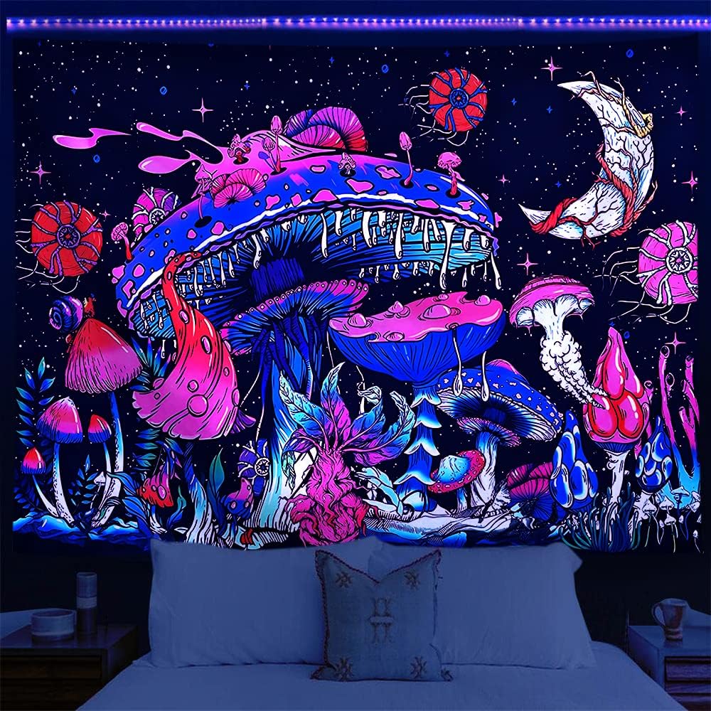 Tapestries - Wonrizon Blacklight Mushroom Tapestry, Fantasy Plant Snail Moon Tapestries UV Reactive Wall Hanging Glow in the Dark Aesthetic Backdrop decor for Bedroom Living Room (Snail Mushroom, 51.2”x 59.1”)