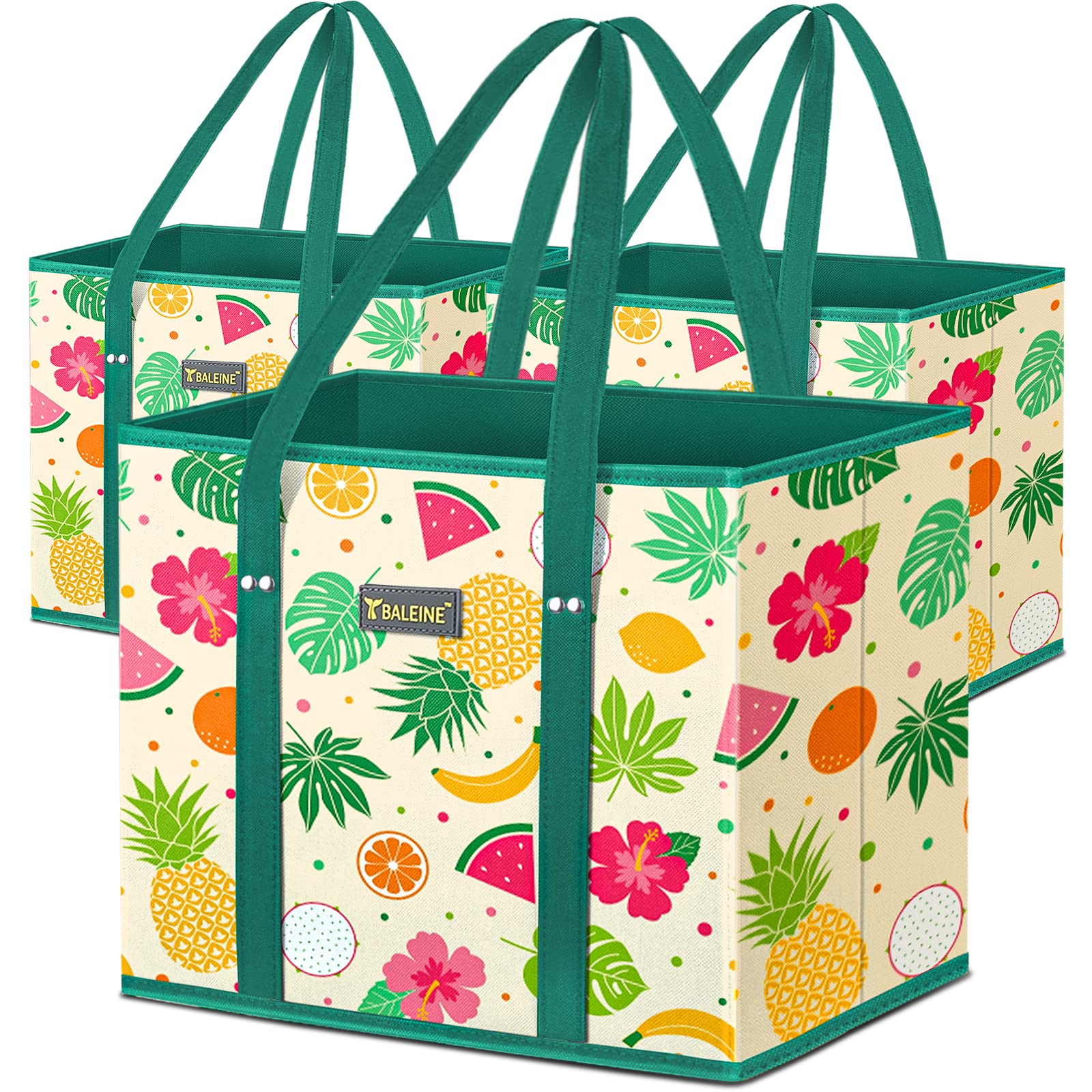 Photo 1 of BALEINE 3Pk Reusable Grocery Bags, Foldable Shopping Bags for Groceries with Reinforced Bottom & Handles (Hawaiian Brunch)