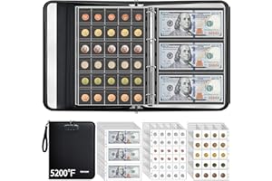 HONTOM 5200℉ Coin Collection Album with Lock, 400 Pockets Fireproof Coin Book & 36 Paper Currency Binder Sleeves, Coin Holder with Aluminum Foil Lining, Collecting Organizer for Pennies,Bill,Stamps,Badges