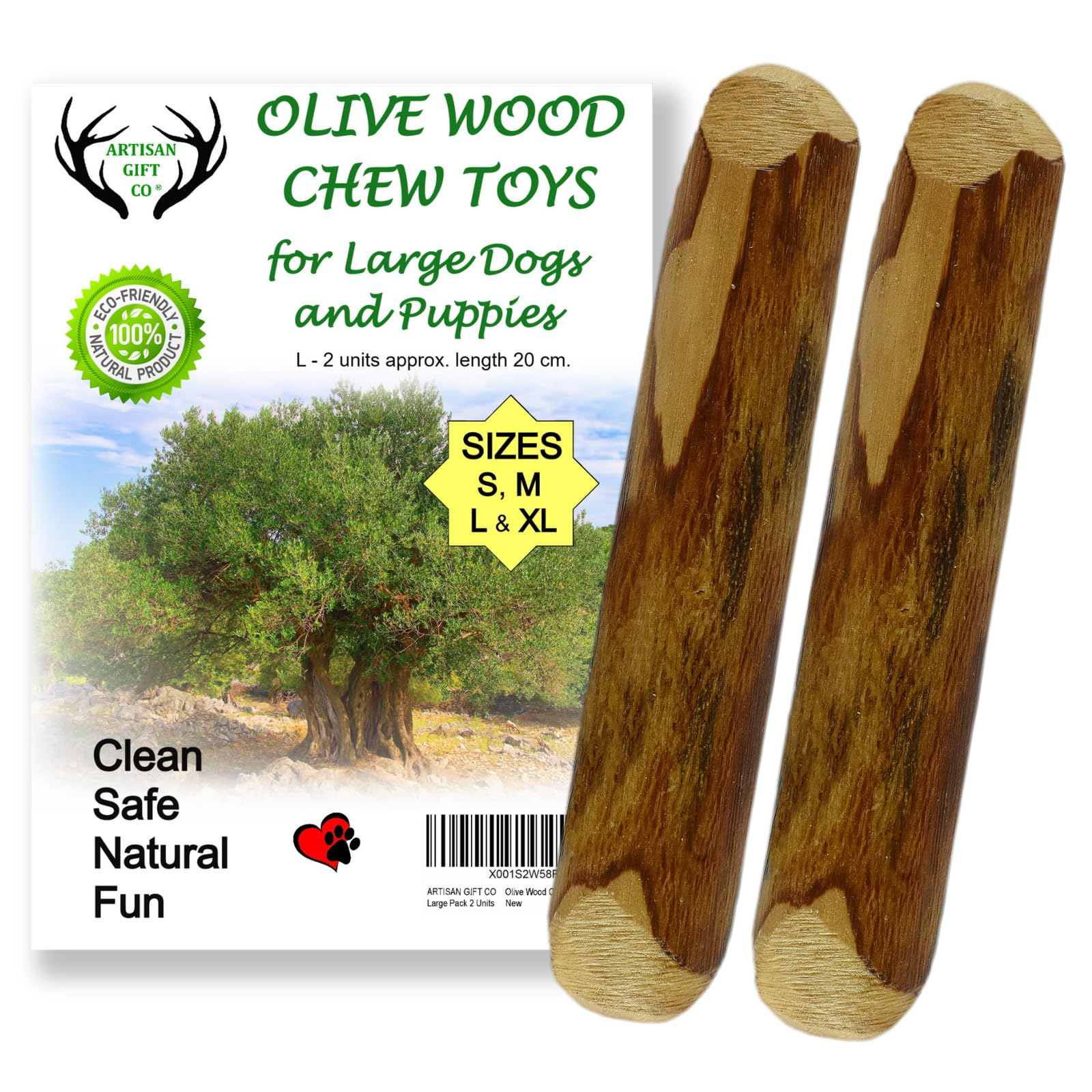 ARTISAN GIFT CO Natural Olive Wood Long Lasting Dog Chew, Puppy Teething Toy, Saving Pack 2 Sticks (Large) 20cm