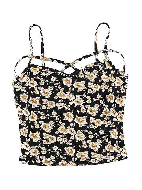 DIDK Damen Crop Shirt mit V-Ausschnitt Kreuz Schnürung Spagehtti Träger Oberteil Top
