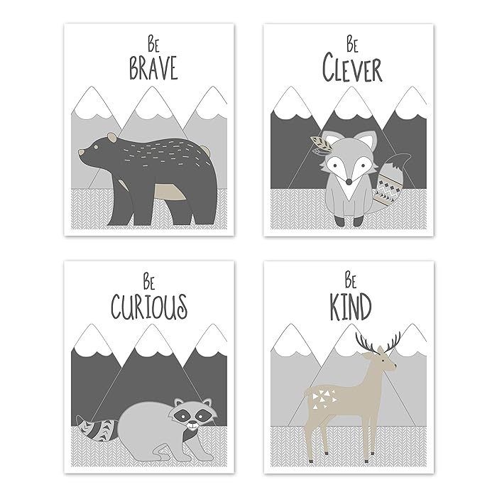 Sweet Jojo Designs Beige Grey White Boho Mountain Forest Animal Deer Fox Bear Wall Art Prints Room Decor for Baby Nursery Kids for Gray Woodland Friends Collection-Set of 4-Brave Clever Curious Kind