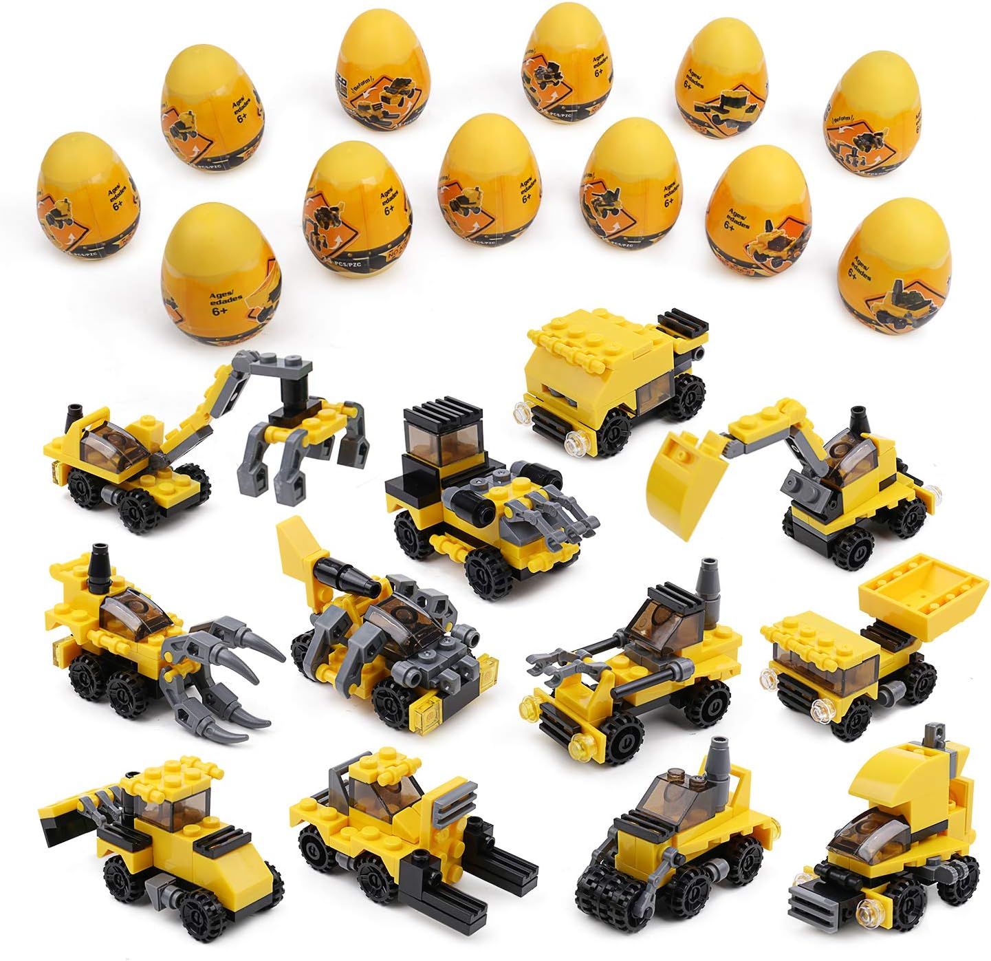 OUTFANDIA 12 Construction Vehicles Building Blocks Toys in Easter Eggs for Party Favors,Birthday Supplies,Goodie Bags