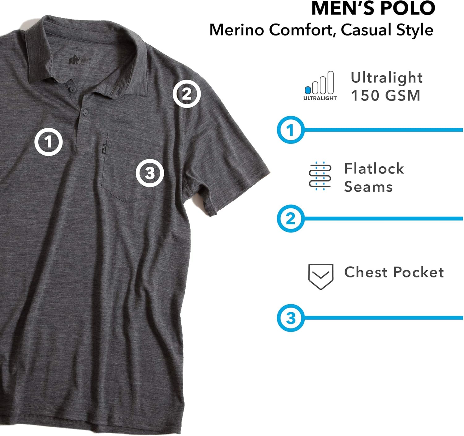 Woolly Clothing Men's Merino Wool Polo Shirt - Ultralight - Wicking Breathable Anti-Odor: Clothing