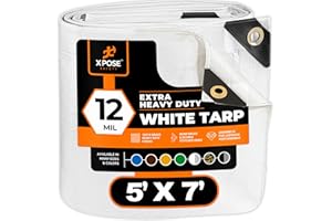 Heavy Duty White Poly Tarp 5' X 7' - Multipurpose Protective Cover - Durable, Waterproof, Weather Proof, Rip and Tear Resistant - Extra Thick 12 Mil Polyethylene - by Xpose Safety