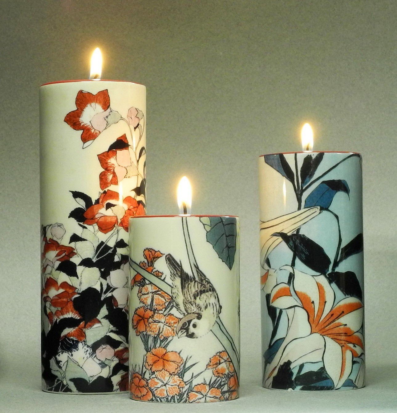 Parastone Hokusai Bellflower, irises and sparrows set of 3 tea light holders