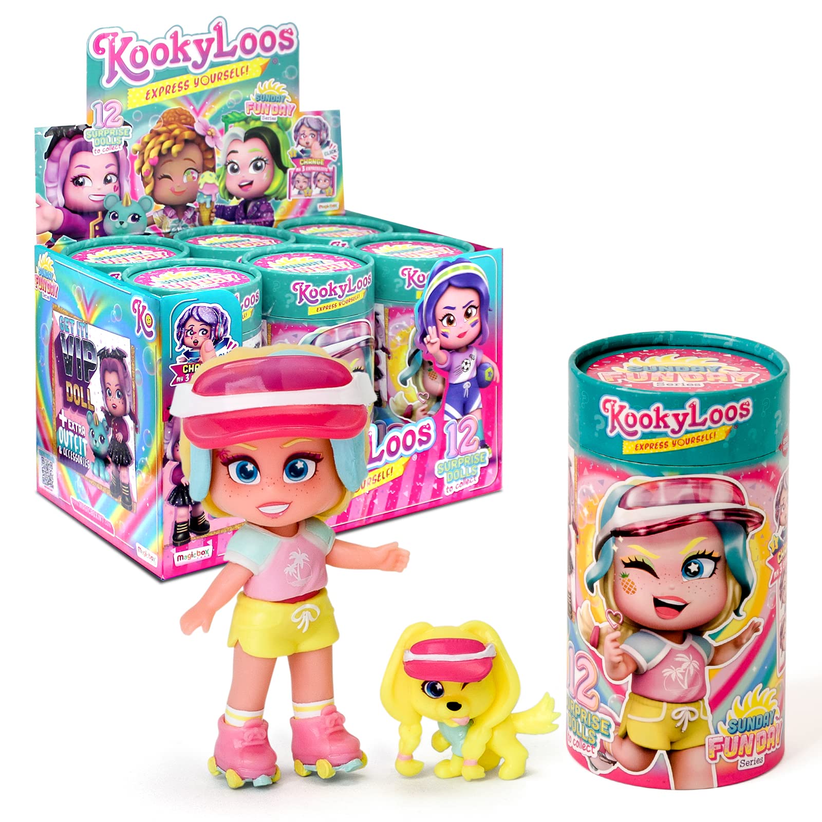 Sunday Funday KOOKYLOOS series – Surprise collectable dolls with fashion accessories, shoes, dresses and toys, with 3 funny expressions