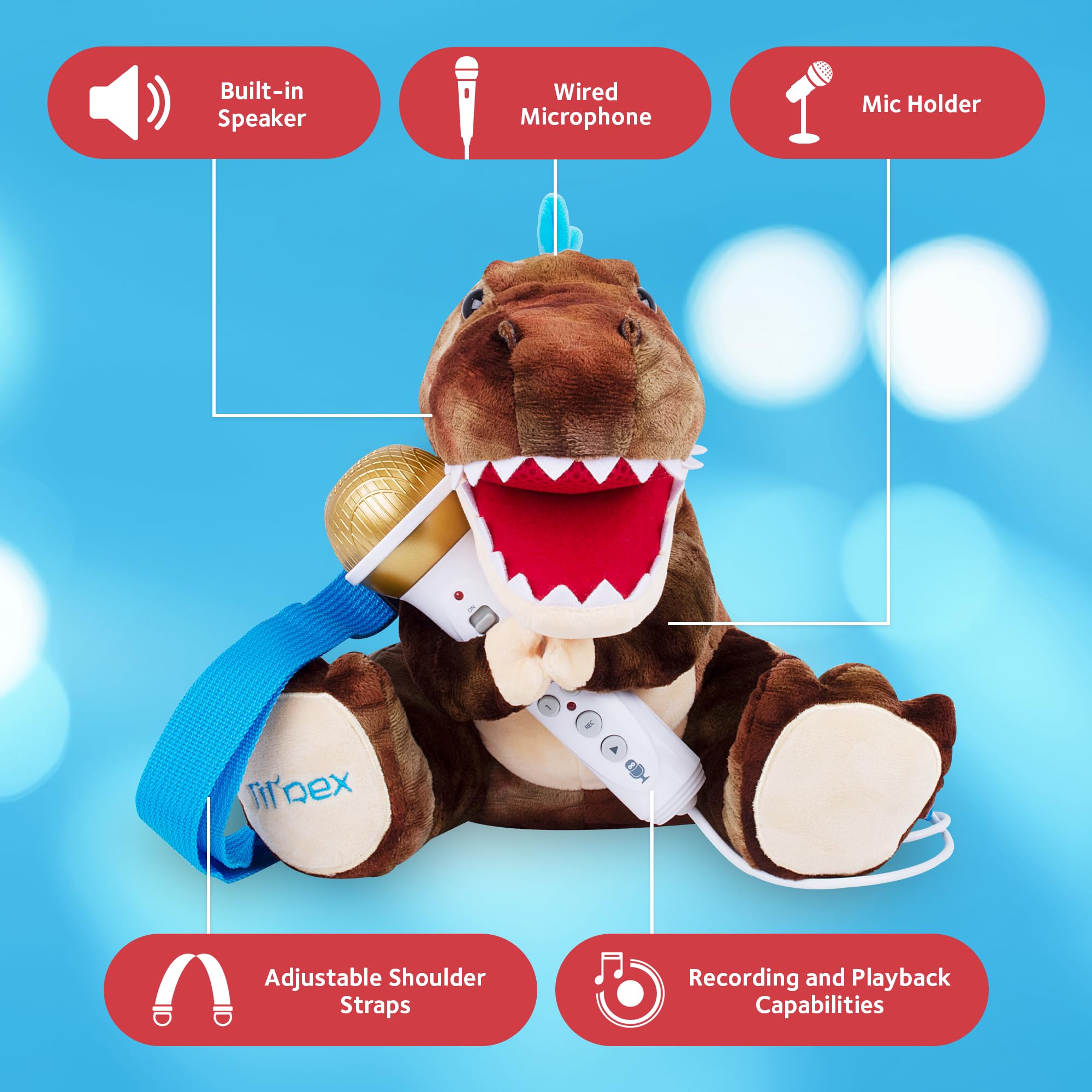 Singing Machine Portable Karaoke Machine for Kids, Plush Toy Backpack with Microphone - The Sing Along Crew, Lil Rex (Brown & Beige) - Built-In Karaoke Speaker with Songs, Sound Effects, & Recorder
