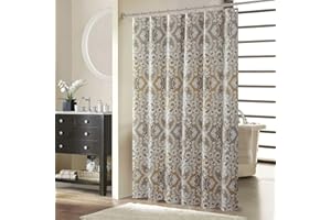 BESTRIPES Fabric Shower Curtain, Beige and Grey Printed Boho Paisley Damask Pattern Shower Curtains for Bathroom, Waterproof Bathroom Curtains, 72" W x 72" H