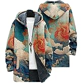 MARSVOVO Vintage Mens Long Cardigan Hoodies Zip Up Novelty Print Jacket Casual Stylish Fall Fleece Lined Cloak Cardigan
