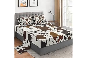 WeCozy 4 Pieces Full Size Bed Sheet Sets with Pillowcases, Vintage Cow Brown Cowhide Animal Soft Microfiber Bedding Set for Kids and Adults, Flat Sheet, Fitted Sheet for Bedroom Bed Decor