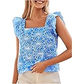 MakeMeChic Women's Boho Flutter Sleeve Blouse Square Neck Ruffle Floral Print Hollow Out Lightweight Summer Tank Top