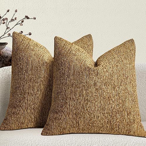 Golden Brown Couch Decorative Throw Pillow Covers 18 x 18 in Set of 2 - Autumn Fabric Textured Retro Farmhouse Style Accent Cushion Case Square Pillowcase for Sofa, Couch, Living Room
