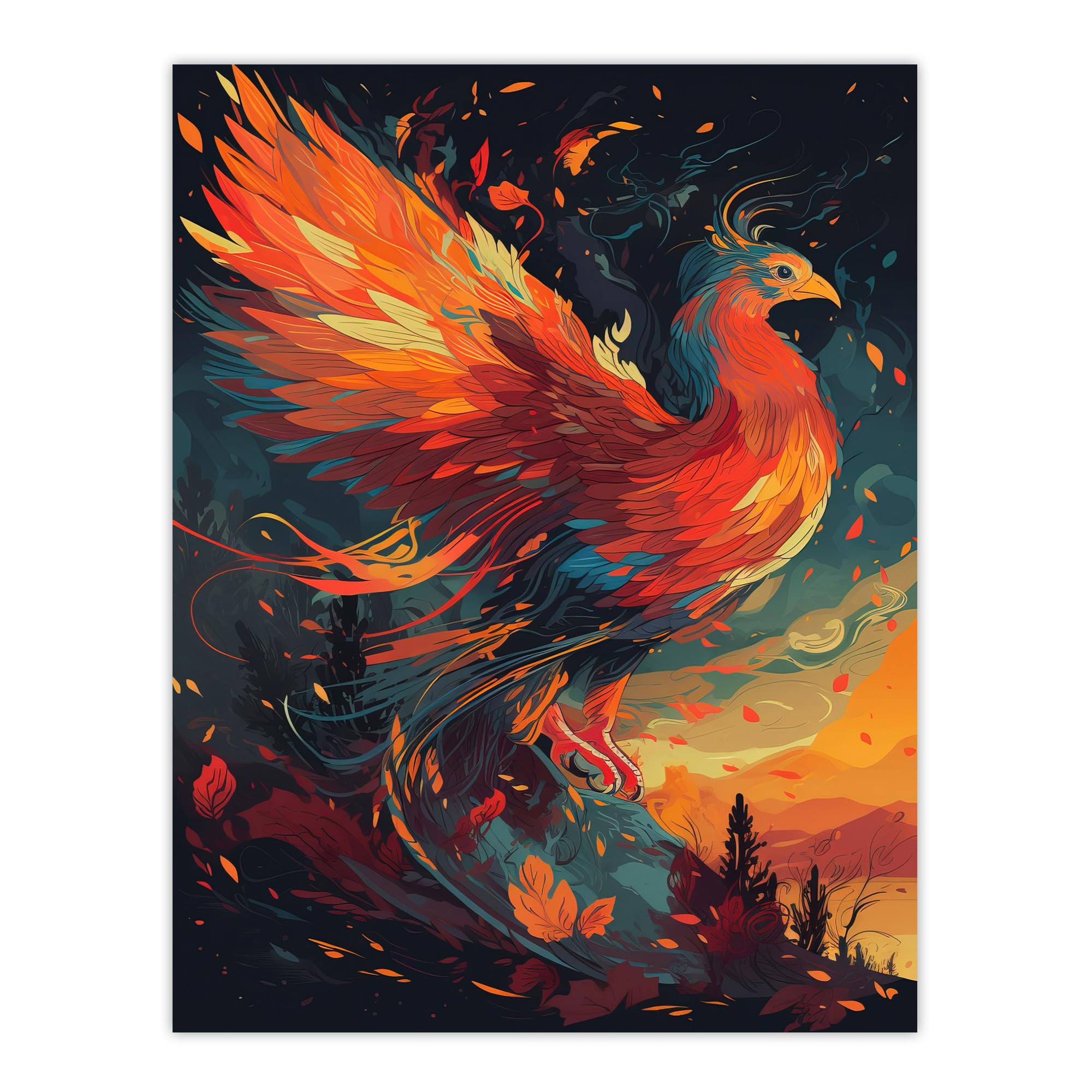 Artery8 Majestic Phoenix Bird Spreading Wings Concept Painting Blue Orange Red Mythical Creature Rising From Fire Ashes Vibrant Portrait Unframed Wall Art Print Poster Home Decor Premium