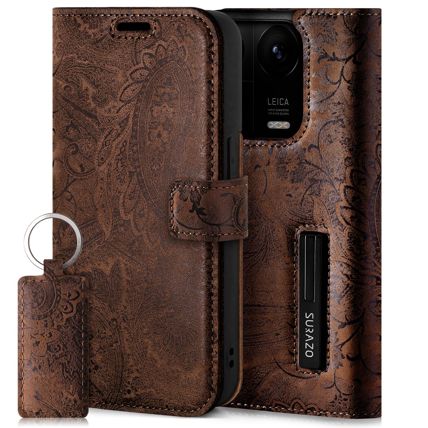 SURAZO Leather Wallet Mobile Phone Case Compatible with Xiaomi 14 Pro - Flip & Fold Smartphone Case with Stand, RFID Blocker, Magnet Closure, 3 Slots for Bank Cards - Handcrafted European Leather