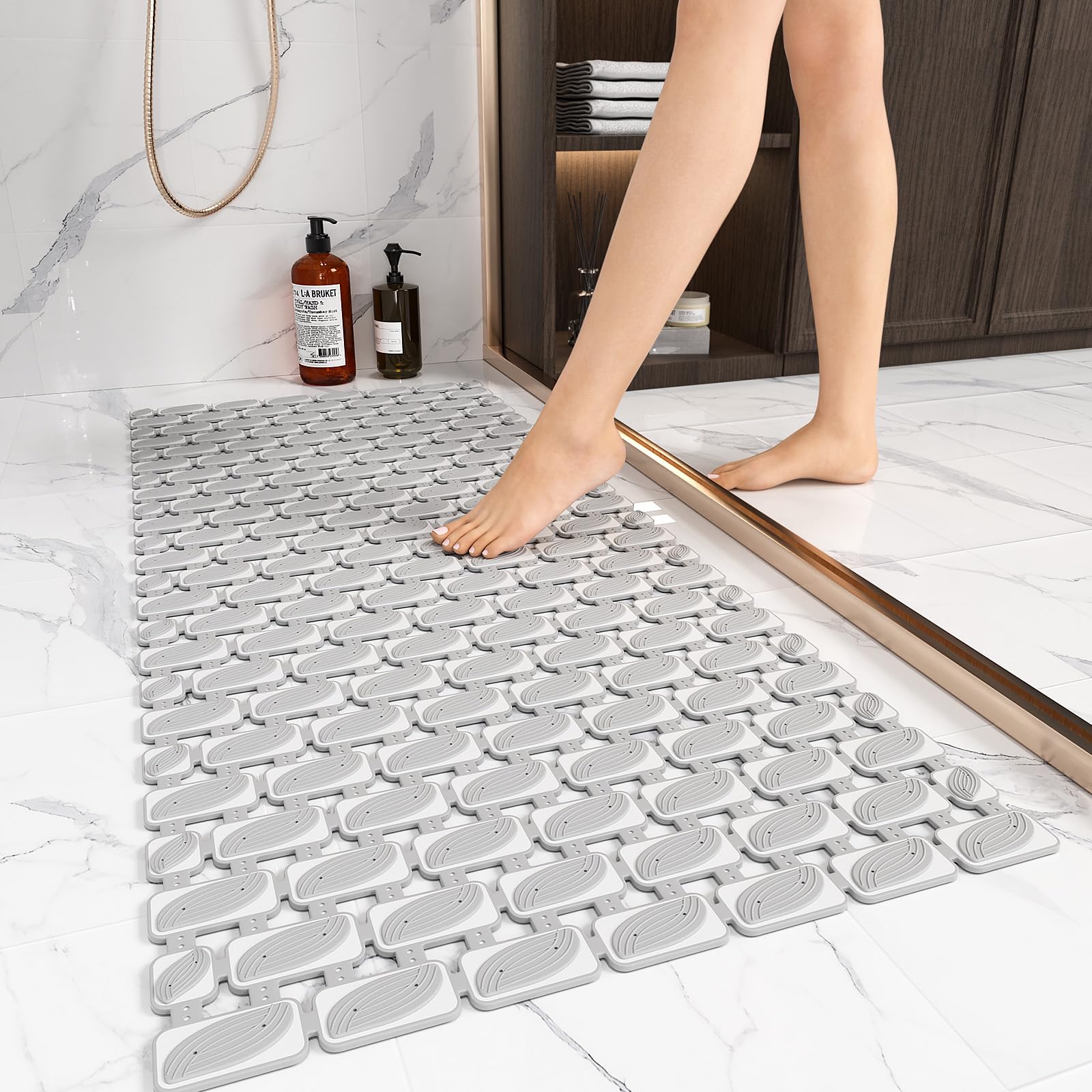 Photo 1 of XIYUNTE Shower Mat Bathtub Mat Non Slip, 36''x16'' Soft and Comfortable Anti Slip Shower Mat, Eco-Friendly TPE+PP Shower Non Slip Mat with Powerful Suction Cups, Machine Washable, Easy to Cut, Grey