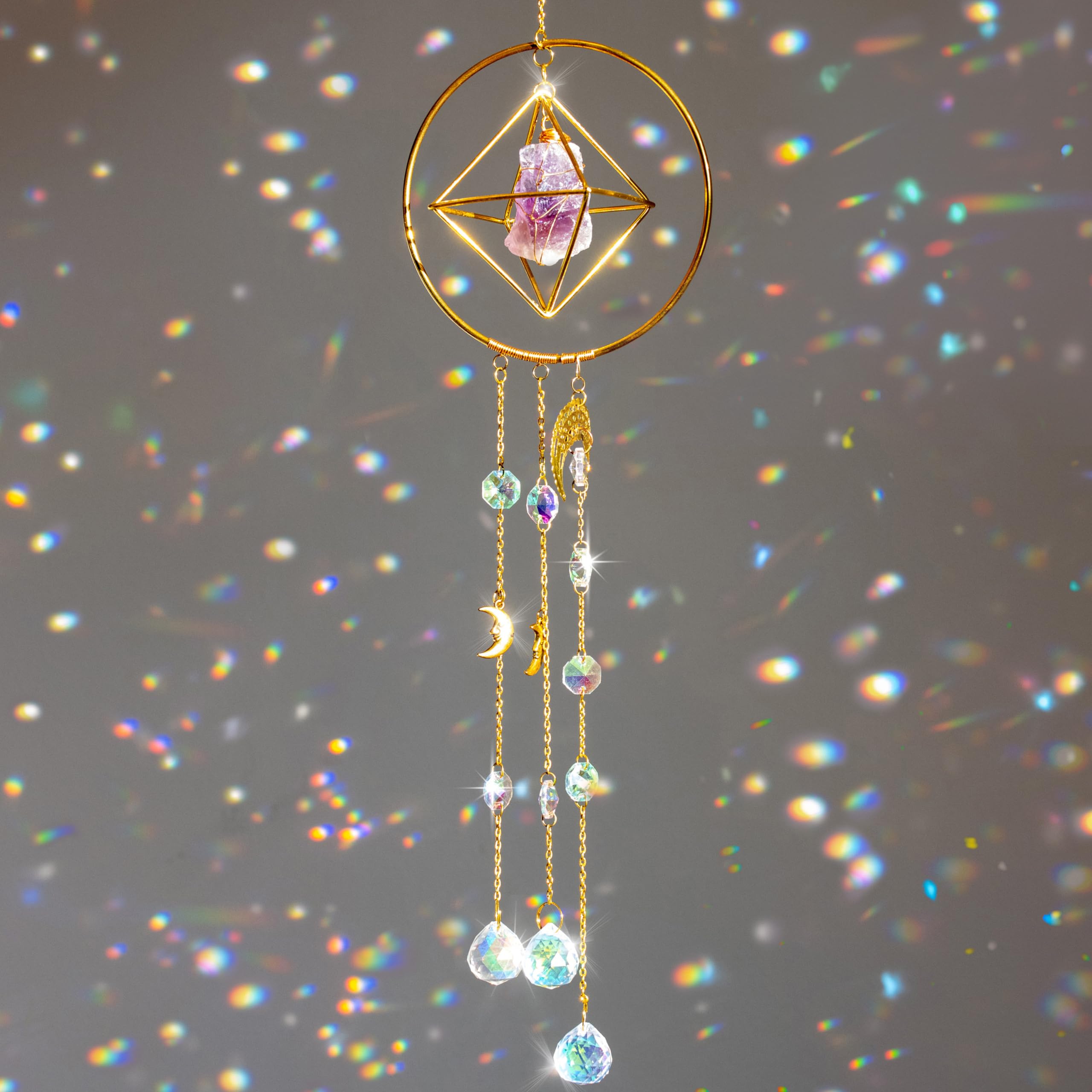 Decozion Amethyst & Crystal Suncatcher for Window Wonderment,Sun Catchers with Crystals for Dazzling Light,Indoor Rainbow Maker,Crystal Sun Catcher,Hanging Crystals with Protective Qualities, Golden
