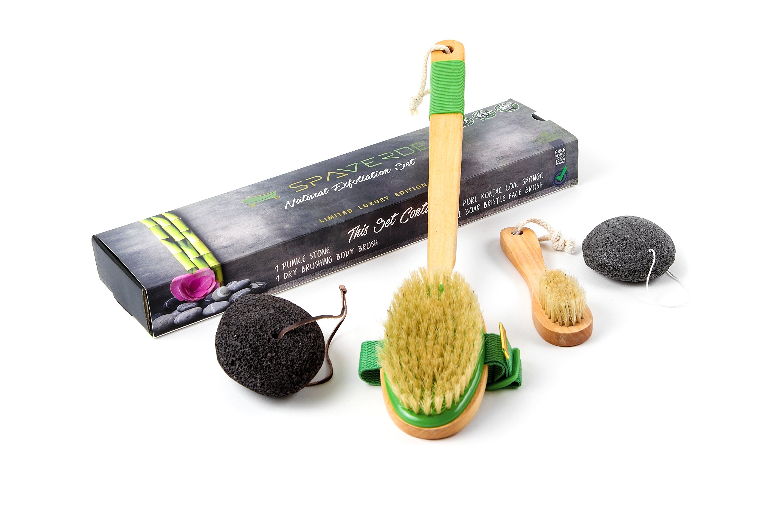 Natural Boar Bristle Body Brush & Face Brush Set for Dry Brushing, Bath