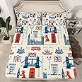 Manfei London Fitted Sheet Twin Size Red Telephone Booth Bus Print Bed Cover British Flag and Map Print Bedding Set 2pcs for Kids Boys Teens, Retro Style Bed Sheet Set with 1 Pillowcase