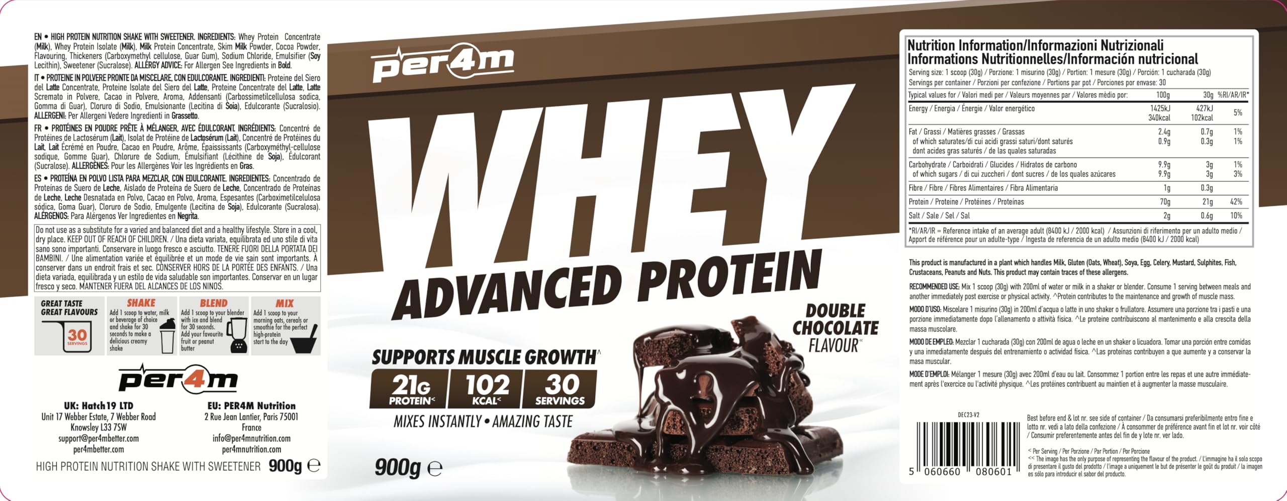 per4m Protein Whey Powder | 30 Servings of High Protein Shake with Amino Acids | for Optimal Nutrition When Training | Low Sugar Gym Supplements (Double Choc