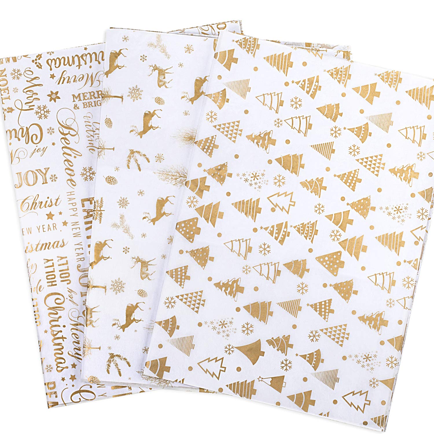 Whaline 120 Sheets Gold Gift Tissue Wrap Paper Set, Xmas Tree, Reindeer, Snowflake Design for Christmas Wrapping Paper DIY and Craft, 14" x 20"