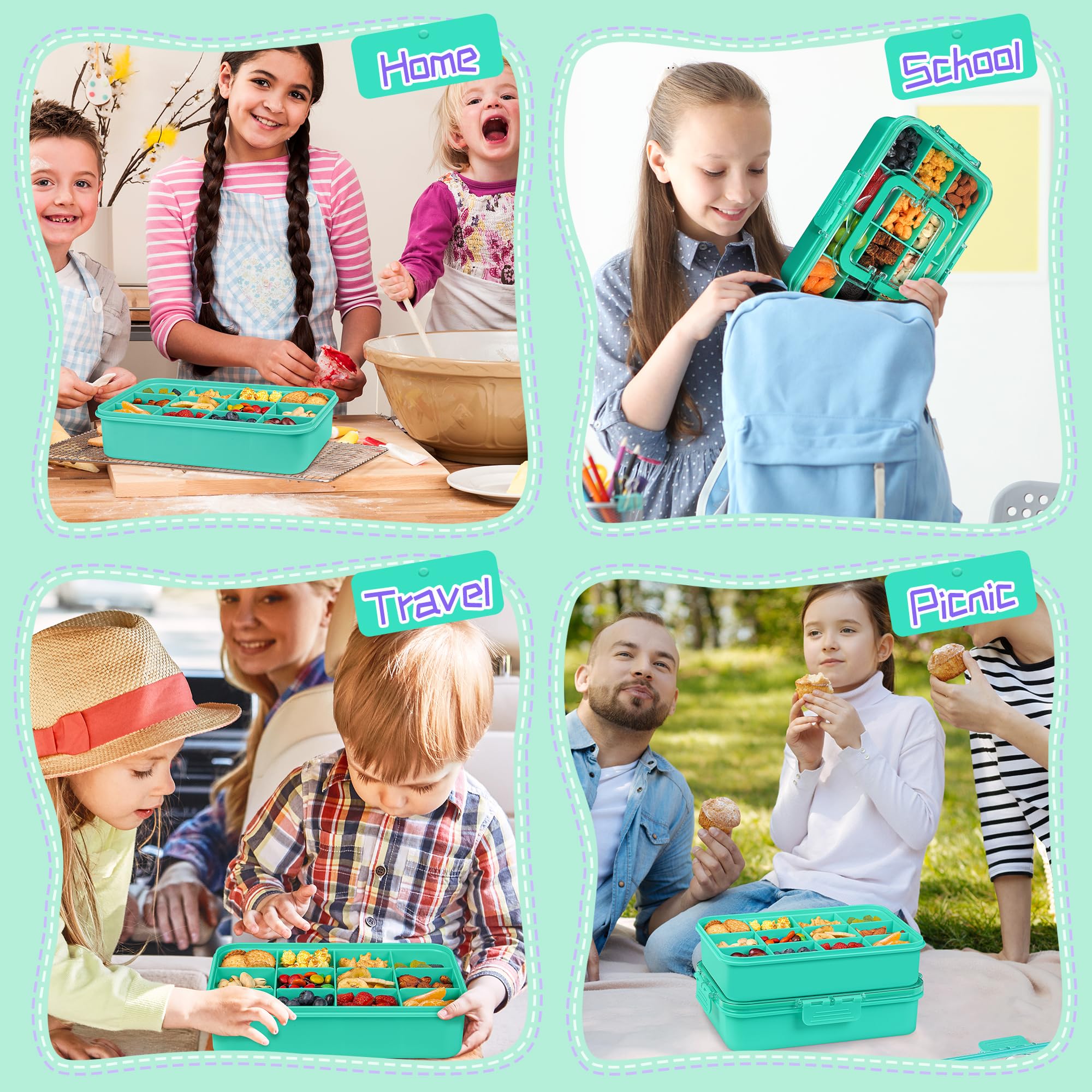 Xyptorix Snack Box Container for Kids - Adjustable 12-Compartment Snack Containers, Reusable Bento Box, Dishwasher Safe, BPA-Free, Perfect for School, Travel, Camping & Picnic, Green