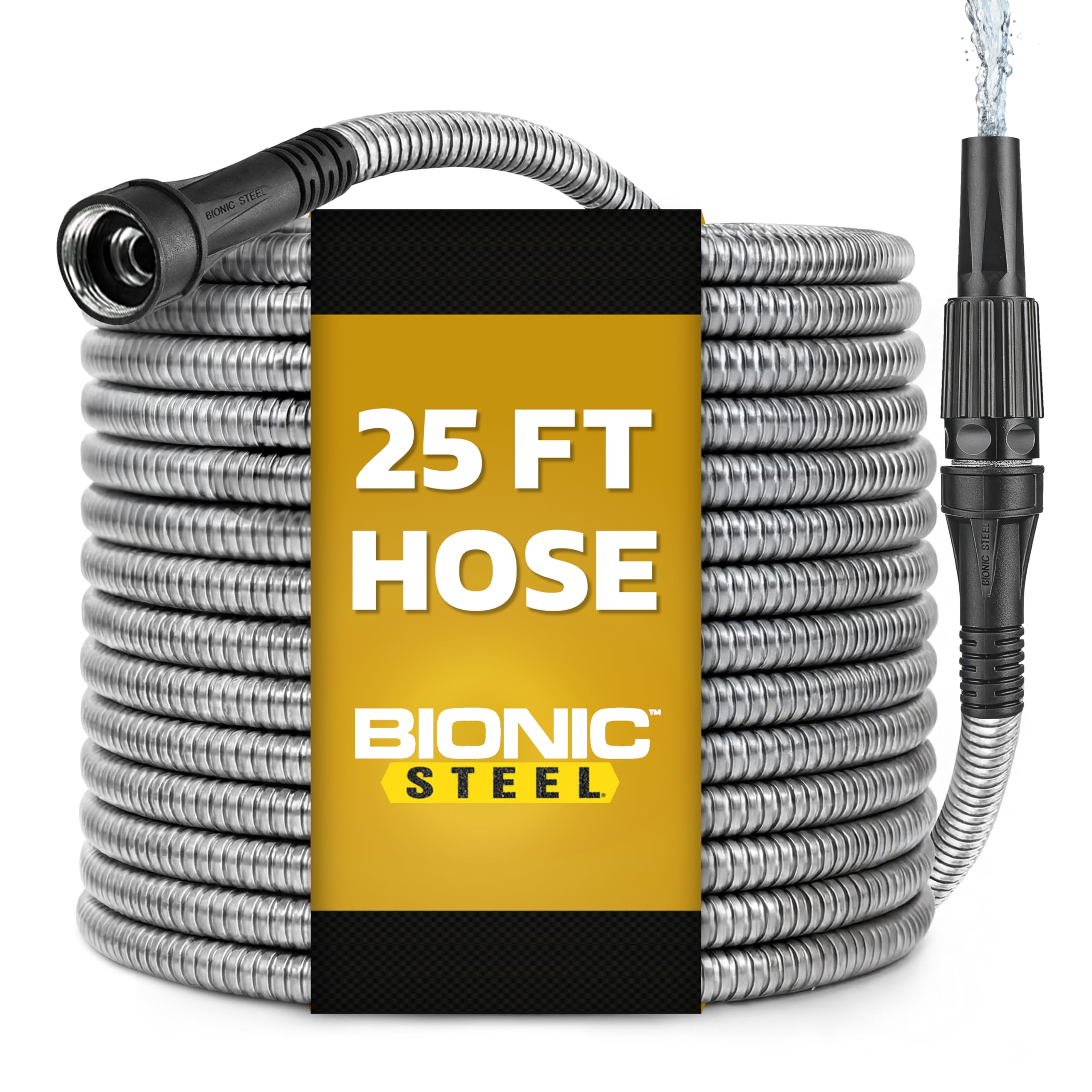 BIONIC STEEL 25 FT Garden Hose Pipe with Nozzle 304 Stainless Steel Metal Hosepipe, Crush Resistant Flexible Hose Pipe, Kink Free Ultra Lightweight Garden Hose Easy to Coil, Garden Hoses