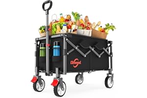 Deomod Collapsible Foldable Wagon, Heavy Duty Wagons Carts Foldable with Two Drink Holders and All Terrain Rolling Wheels with Brake, Utility Grocery Wagon Cart for Camping Shopping Sports and Fishing