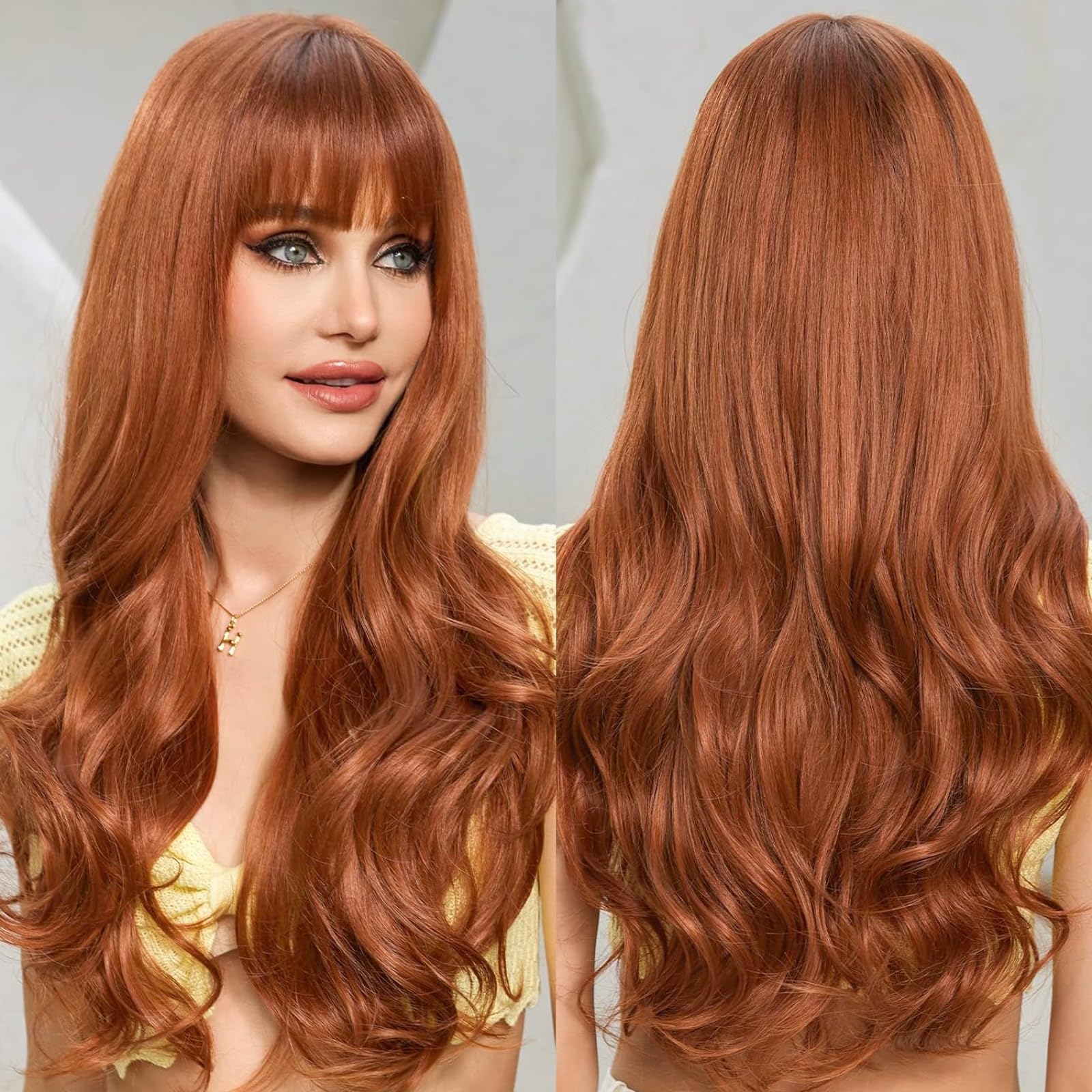 EMMOR Ombre Auburn Wigs for Women Long Curly Wig with Bangs Heat Resistant Fiber Synthetic Wigs Daily Natural looking — image 1
