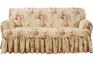 Waverly Ballad Bouquet 1 Piece T Cushion Loveseat Slipcover in Blush
