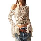 Floerns Women's Western Lace Flare Sleeve Crop Tops Boho Asymmetrical Collard Sheer Tops