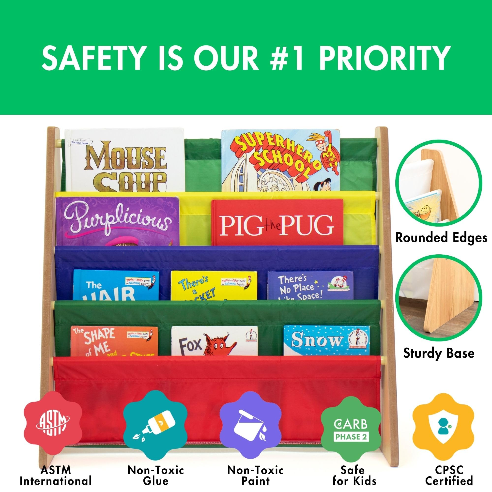 Humble Crew 4-Tier Kids Bookshelf, Natural Wood/Primary - Premium Book Shelf for Kids Rooms with Four Deep Pockets - Toddler Sling Book Rack with Deep Sleeves, Nursery Bookcase Organizer