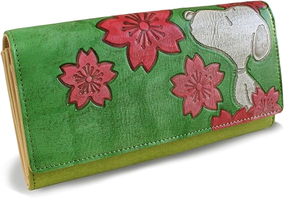 Amazon スヌーピー Snoopy スヌーピー 財布 長財布 フラップ ロングウォレット ジャバラ カード入れ 小銭入れ レディース 本革 日本製 アルカイック染め キュート 手描き Snoopy 和風 女性用 天然牛革 手染め 桜 敬老の日 ギフト グリーン スヌーピー