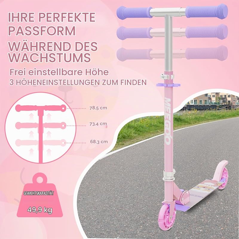 Roller Kinder ab 3 Jahre, 2 Räder Klappbar Scooter,3 Höhenverstellbare Kinderroller,Led-räder Kinderscooter für Mädchen Jungen (rosa)