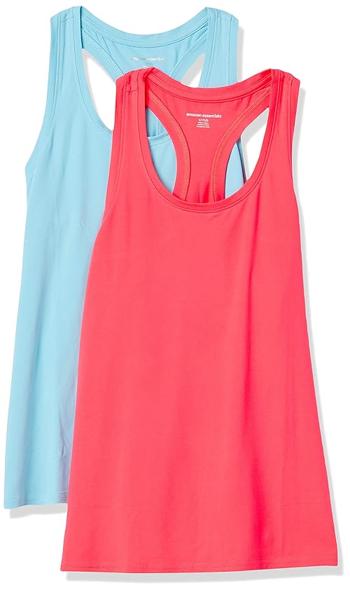 Amazon Essentials Women's Active Quick Dry Tech Stretch Racerback Tank Top (Available in Plus Size), Pack of 2, Neon Pink/Blue, Medium